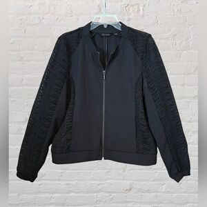 H by Halston black zip front bomber jacket, lace panels, semi-loose fit, Sz. 12